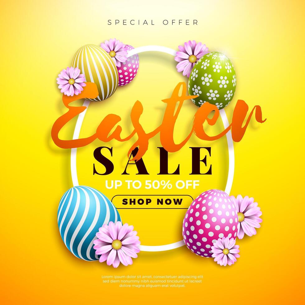 Easter Sale Illustration with Colorful Painted Egg and Spring Flower on Sun Yellow Background. Vector Religion Holiday Celebration Promotional Banner Design Template for Coupon, Banner, Voucher or