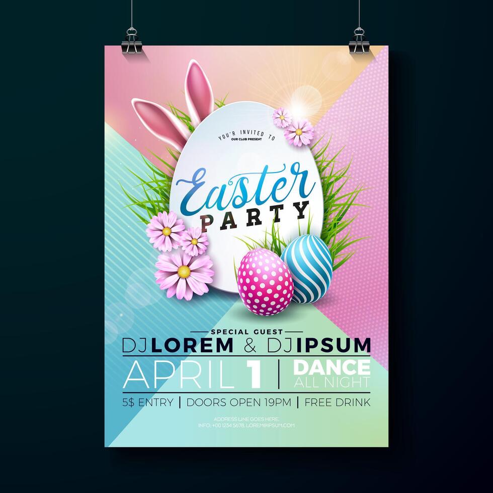 Easter Party Flyer Illustration with Painted Eggs, Rabbit Ears and Flowers on Abstract Colorful Background. Vector Spring Religious Holiday Celebration Poster Design Template for Banner or Invitation.