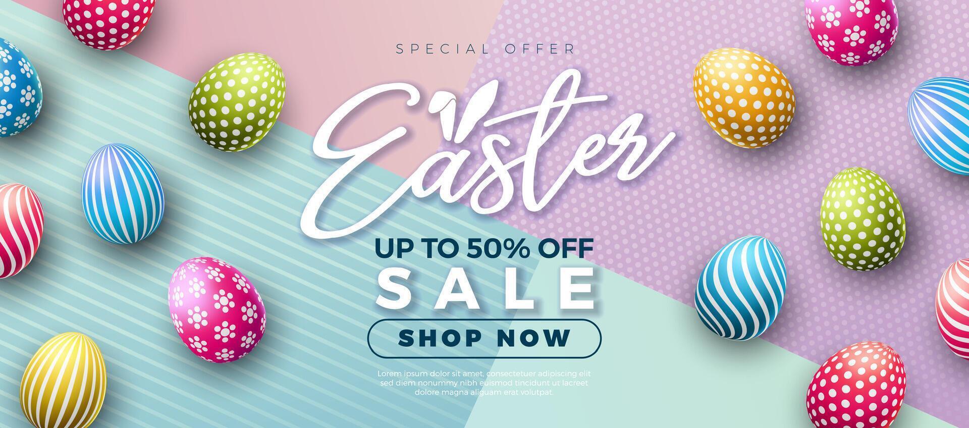 Easter Sale Illustration with Colorful Painted Egg on Pastel Color Background. Vector Easter Holiday Design Template for Coupon, Web Banner, Voucher or Promotional Poster.