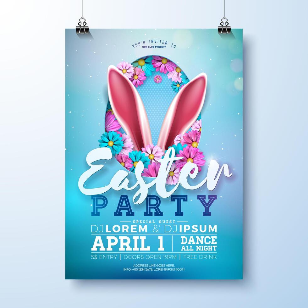 Easter Party Flyer Illustration with Painted Eggs, Rabbit Ears and Flowers on Nature Blue Background. Vector Spring Religious Holiday Celebration Poster Design Template for Banner or Invitation.