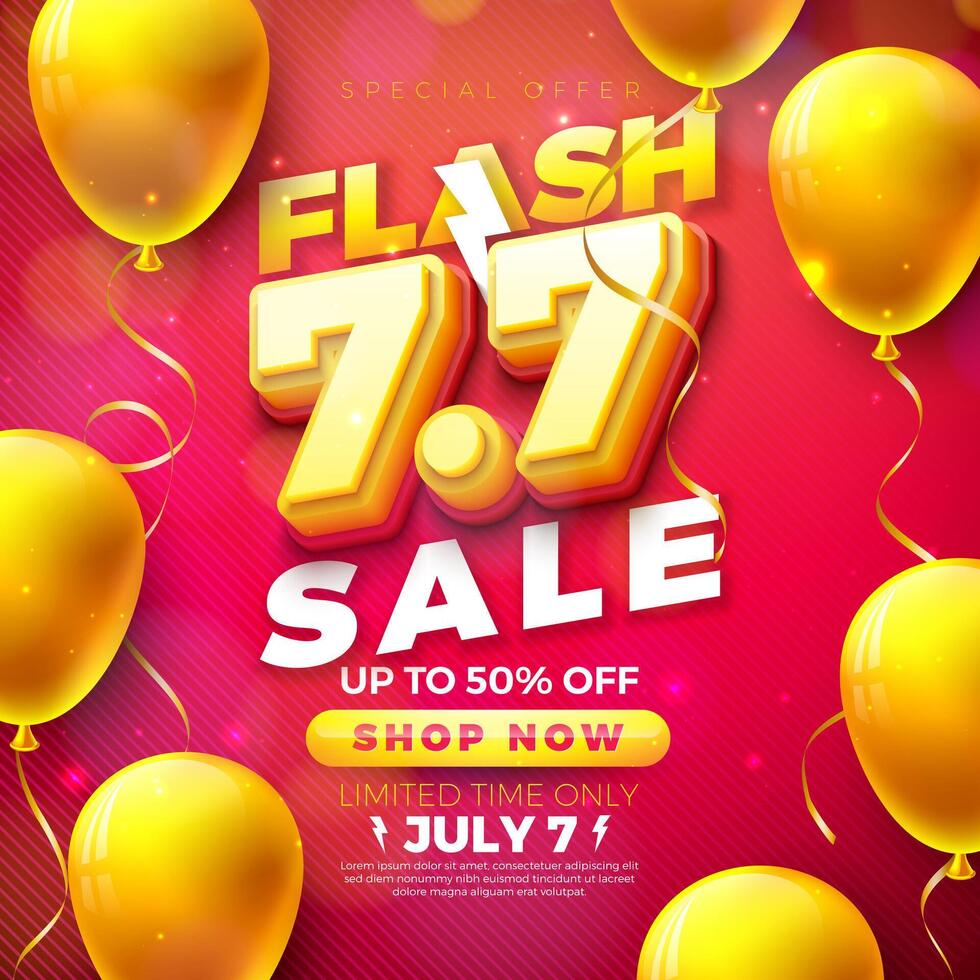 Shopping Day Flash Sale Design with 3d 7.7 Number and Party Balloon on Red Background. Vector 7 July Special Offer Illustration for Coupon, Voucher, Banner, Flyer, Promotional Poster, Invitation or