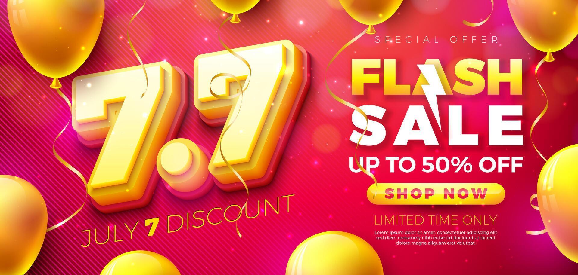 Shopping Day Flash Sale Design with 3d 7.7 Number and Party Balloon on Red Background. Vector 7 July Special Offer Illustration for Coupon, Voucher, Banner, Flyer, Promotional Poster, Invitation or