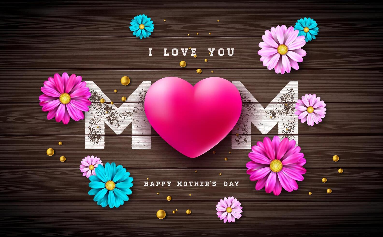 I Love You Mom. Happy Mother's Day Greeting Card Design with Heart and Pearl on Vintage Wood Background. Vector Celebration Illustration Template for Banner, Flyer, Invitation, Brochure, Poster.