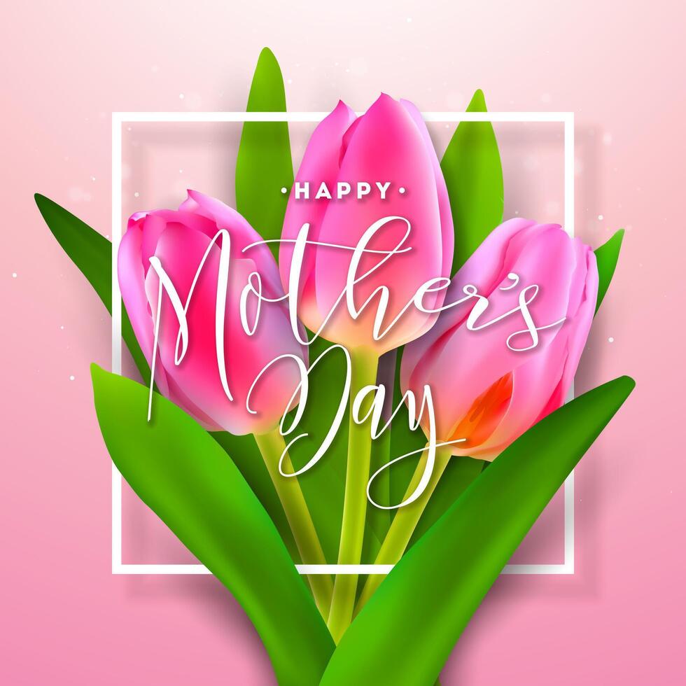 contento de la madre día saludo tarjeta diseño con primavera tulipán flor y tipografía letra en ligero rosado antecedentes. vector celebracion ilustración modelo para bandera, volantes, invitación, folleto