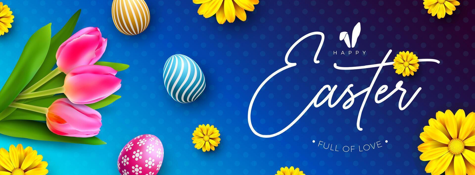 Happy Easter Holiday Design with Painted Egg and Spring Tulip Flower on Violet Blue Background. International Religious Vector Celebration Banner Illustration with Typography Lettering for Greeting