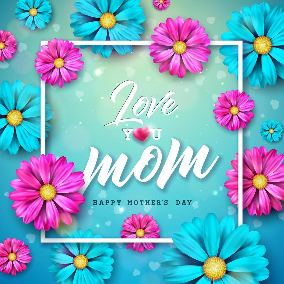 Happy Mother's Day Greeting Card Design with Flower and Typography Letter on Blue Background. Vector Celebration Illustration Template for Banner, Flyer, Invitation, Brochure, Poster.