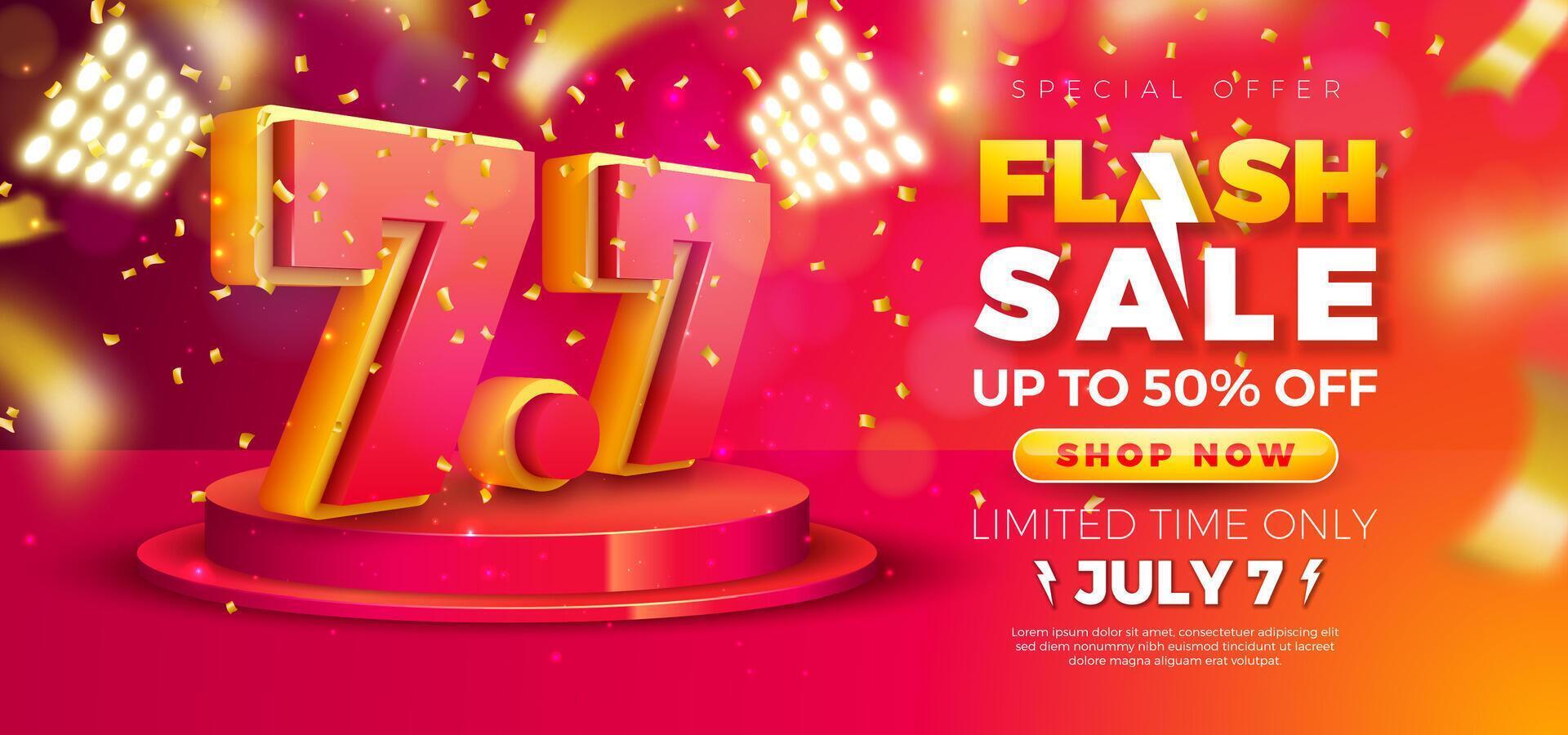 Shopping Day Flash Sale Design with 3d 7.7 Number on Podium and Falling Confetti on Red Background. Vector 7 July Special Offer Illustration for Coupon, Voucher, Banner, Flyer, Promotional Poster