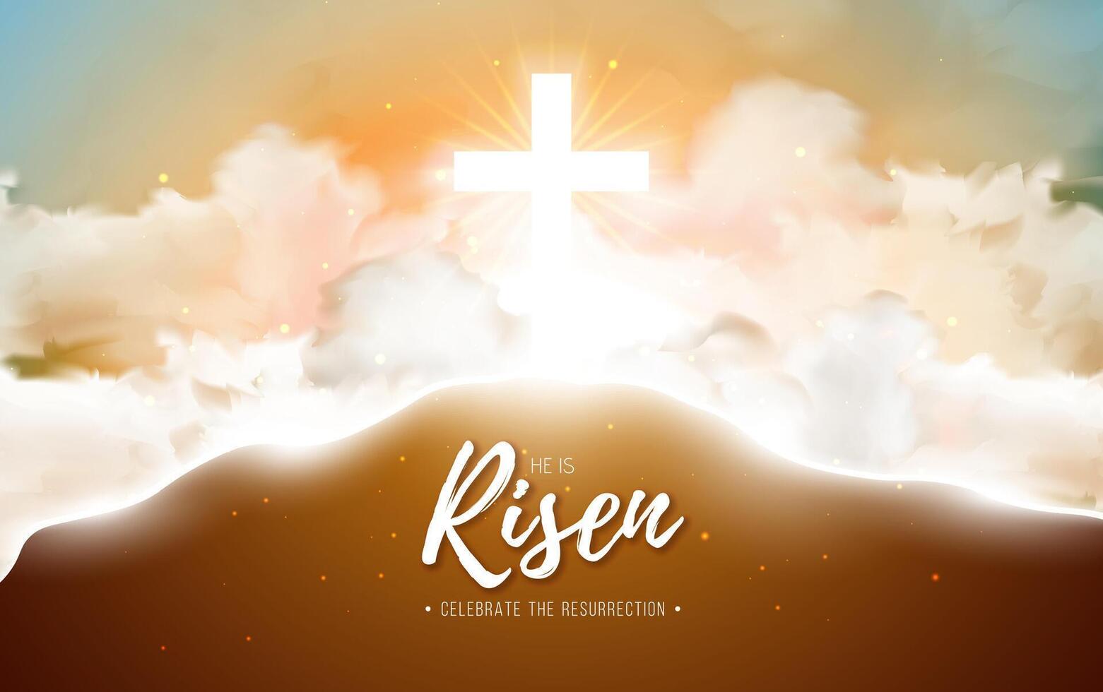 Easter Holiday Illustration with Cloud on Sunny Sky Background. He is Risen. Vector Christian Religious Design for Resurrection Celebrate Theme Poster Template for Banner, Invitation or Greeting Card.