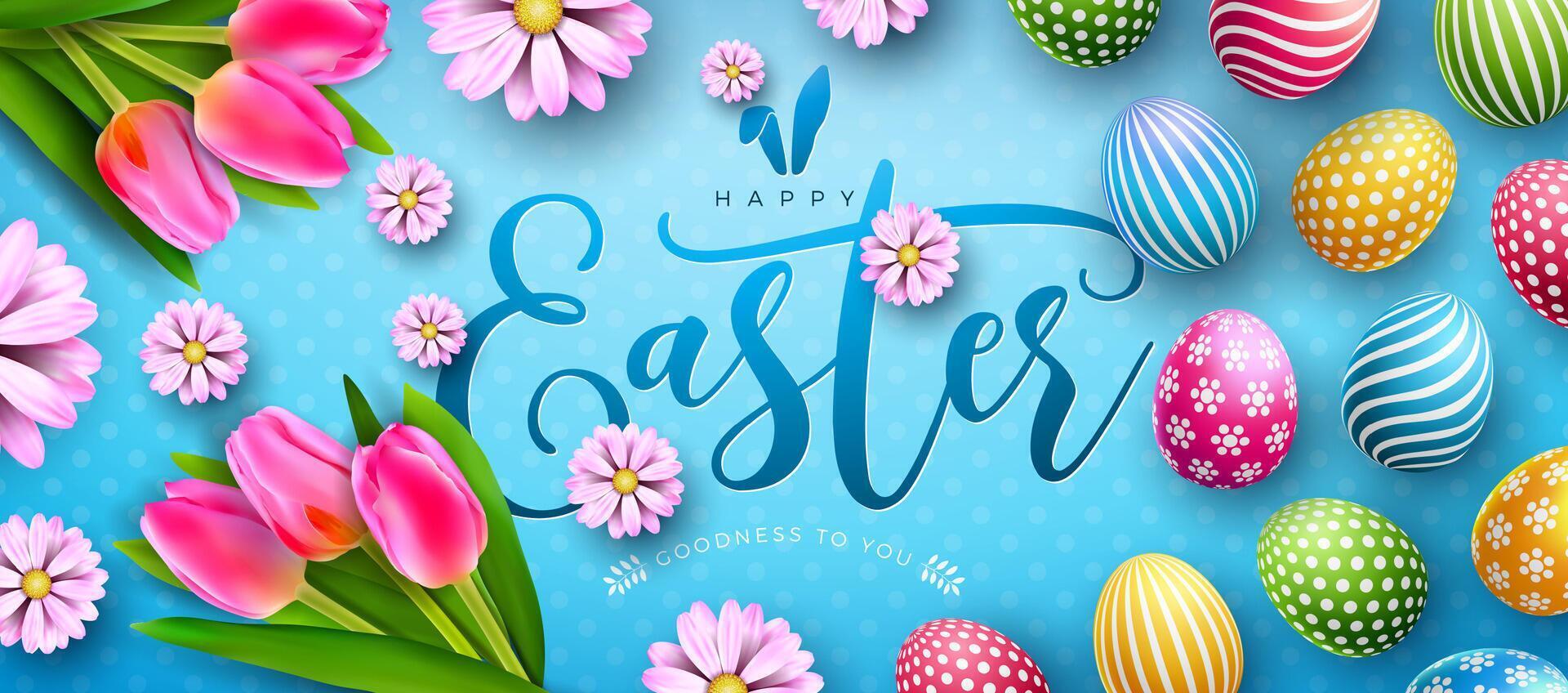 Vector Illustration of Happy Easter Holiday with Colorful Painted Egg, Tulip and Spring Flower on Light Blue Background. Easter Day Celebration Design with Typography Letter for Flyer, Greeting Card