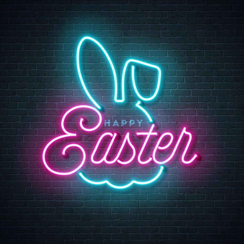 Happy Easter Illustration with Glowing Neon Light Rabbit Shape and Lettering on Brick Wall Background. Vector Easter Day Design for Flyer, Greeting Card, Banner, Holiday Poster or Party Invitation.