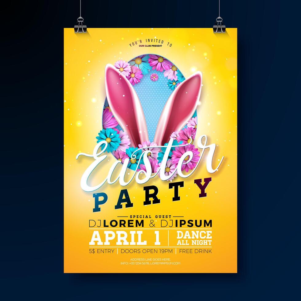 Easter Party Flyer Illustration with Painted Eggs, Rabbit Ears and Flowers on Sun Yellow Background. Vector Spring Religious Holiday Celebration Poster Design Template for Banner or Invitation.