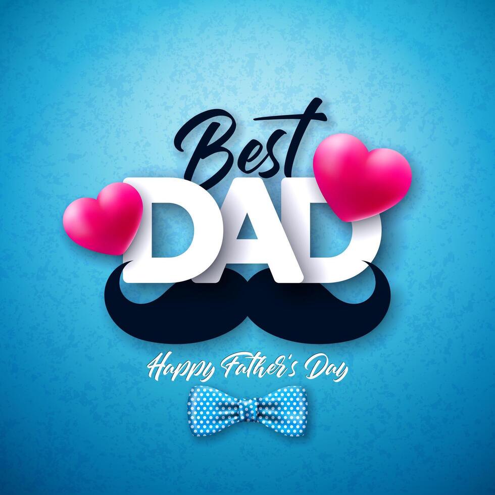 contento del padre día saludo tarjeta diseño con punteado arco atar, Bigote y rojo corazón en azul antecedentes. vector celebracion ilustración para papá. modelo para bandera, volantes, invitación