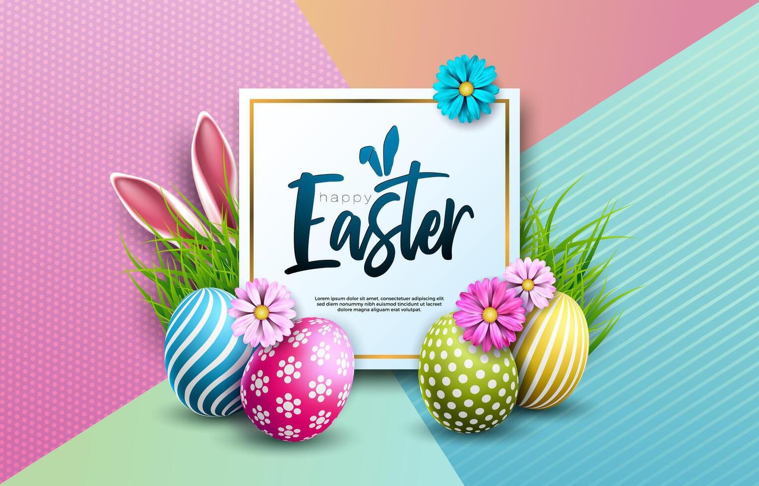 Happy Easter Holiday Design with Painted Egg, Flower and Rabbit Ears on Abstract Colorful Background. International Religious Vector Celebration Illustration with Typography for Greeting Card, Party