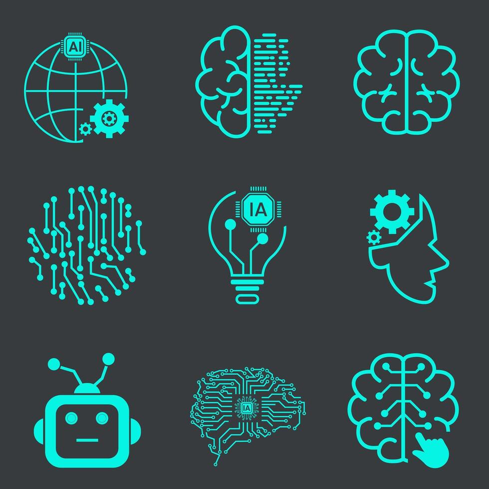 Collection of nine Technology of Artificial Intelligence Vector Line Icons Set. Face Recognition, Android, Humanoid Robot, Thinking Machines