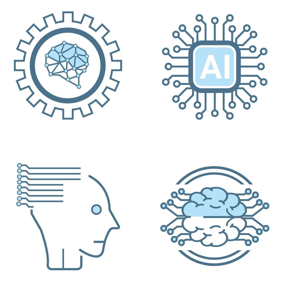 Four AI icon, smart AI and robotic and cloud computing network digital AI technology, vector illustration and artificial intelligence icon, symbols collection