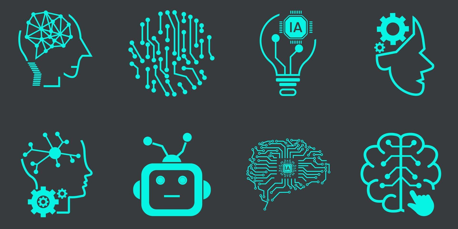 conjunto de 8 de artificial inteligencia vector línea íconos colocar. cara reconocimiento, androide, humanoide robótico concepto vector y ilustración
