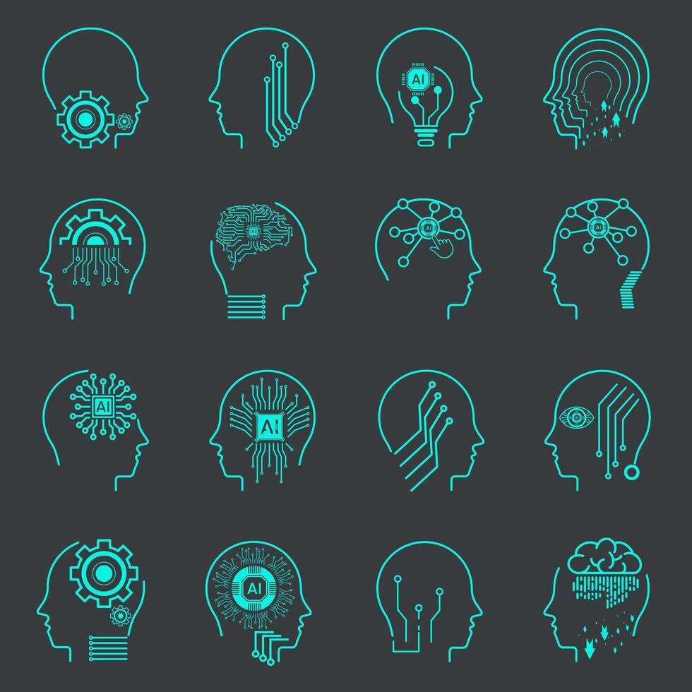 AI icon sets on dark background. Collection of symbols, technology vector elements. Artificial intelligence line icons. Editable stroke. Blue vector illustrations isolated.