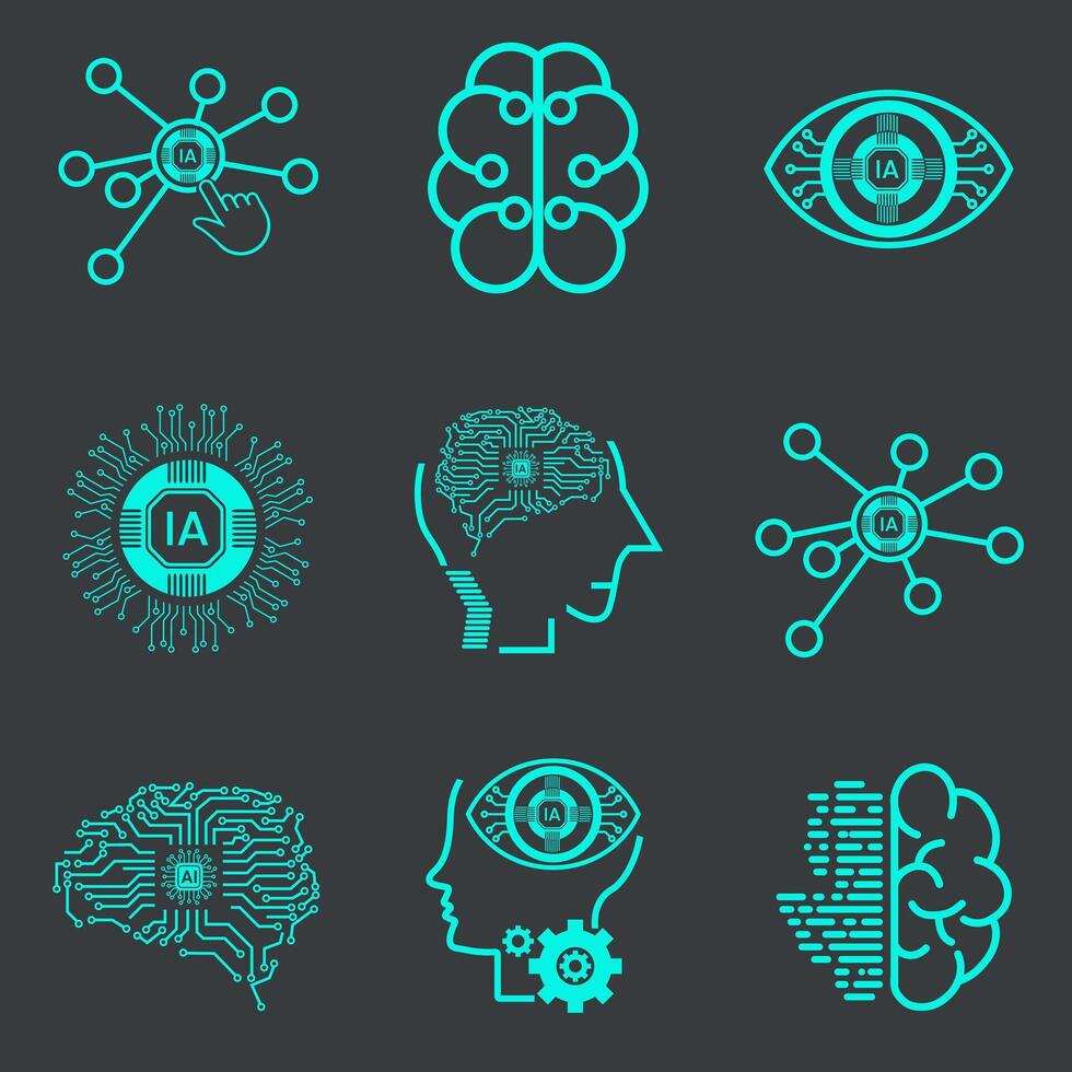 Collection of NINE technology icons, such as robot, digital, vr, ai, cyber and artificial Intelligence Vector Line Icons Set. Face Recognition vector illustration