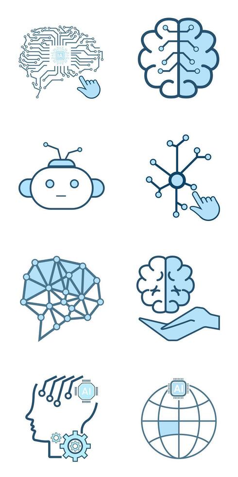 Artificial AI icons collection, isolated lined machine AI icon design, Set of technology brain, cybernetic, ai, head concepts and Groups of AI symbols, icons design vector