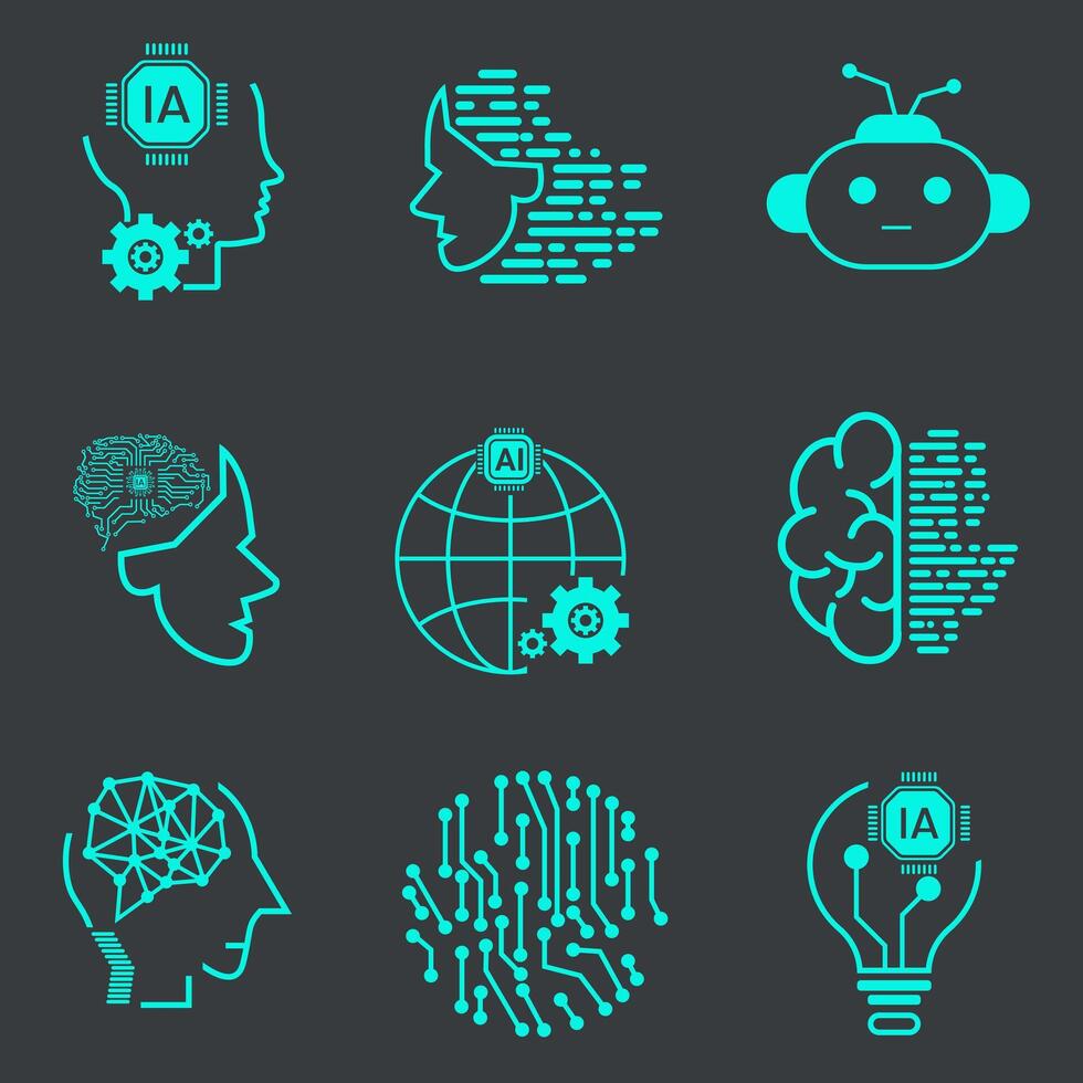 tecnología de artificial inteligencia vector línea íconos colocar. cara reconocimiento, androide, humanoide robot, pensando máquina