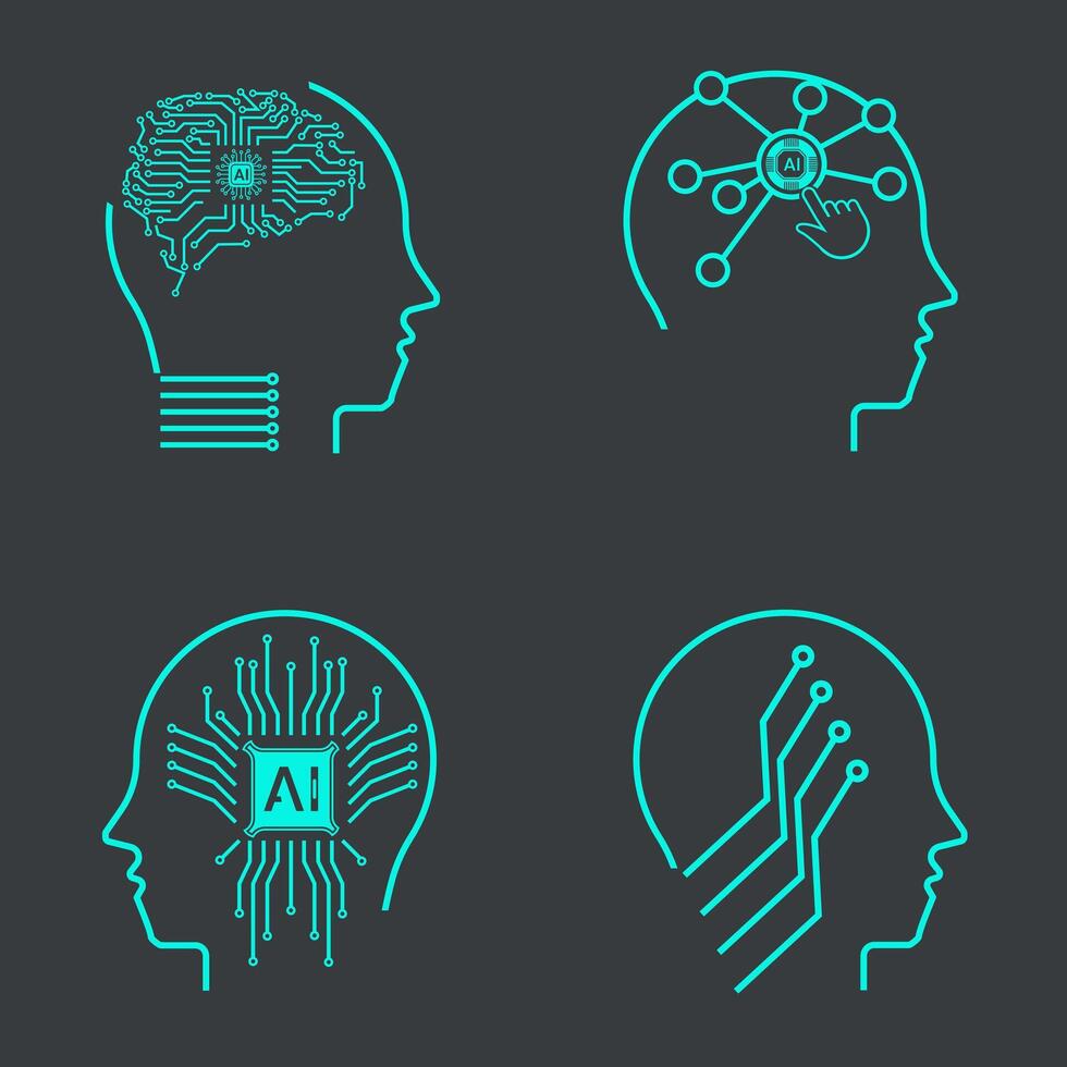 Collection of FOUR Artificial intelligence icons. Set in line style, machine learning, smart robotic head and cloud computing network digital AI technology vector