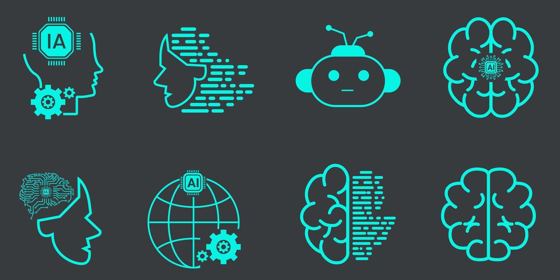 el moderno de tecnología de artificial inteligencia vector línea íconos colocar. cara reconocimiento, androide, humanoide robótico concepto vector y ilustración