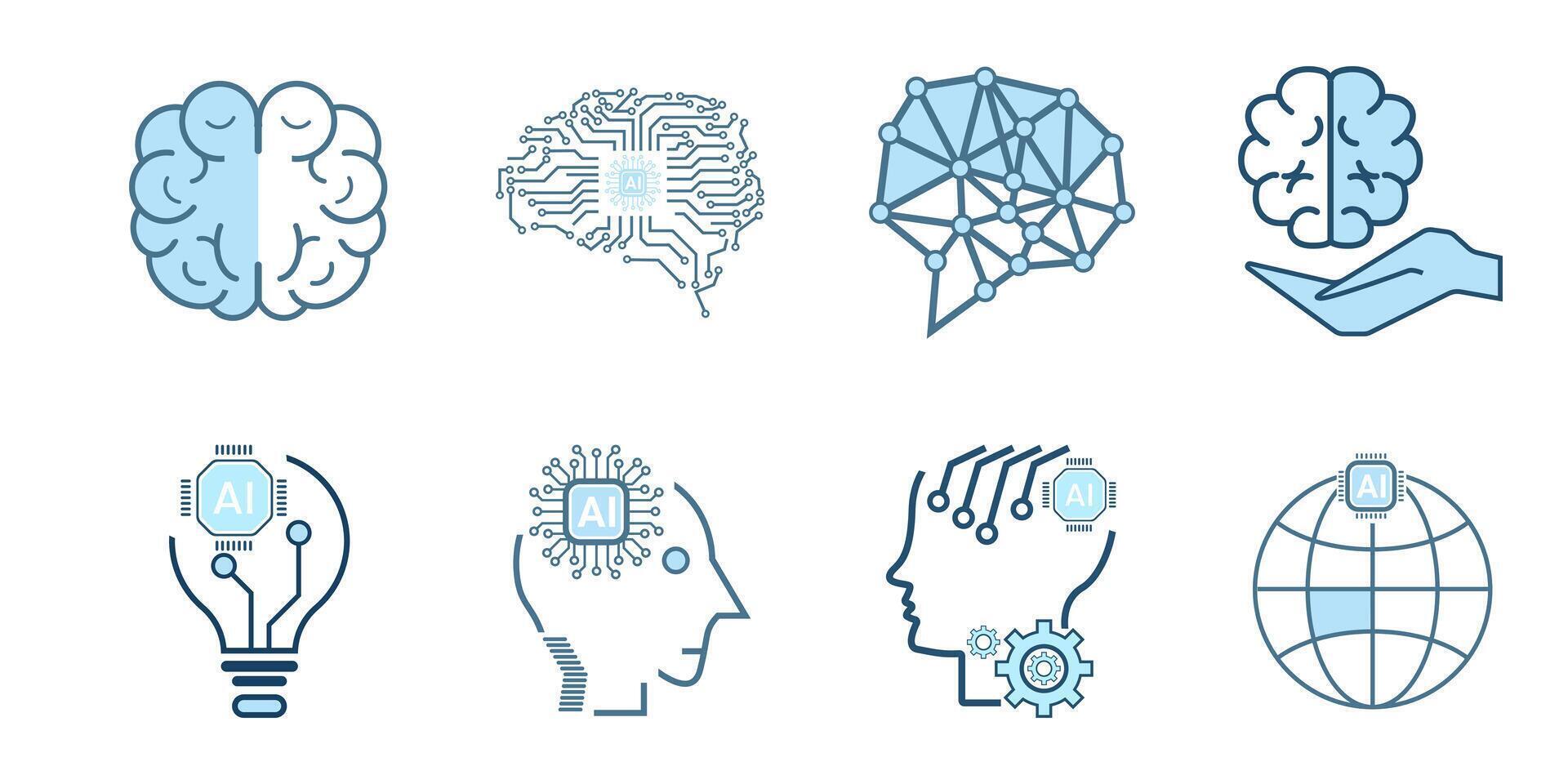 conjunto de tecnología cerebro, cibernético, ai, cabeza conceptos y grupos de ai símbolos, íconos artificial ai íconos recopilación, aislado forrado máquina ai icono diseño vector