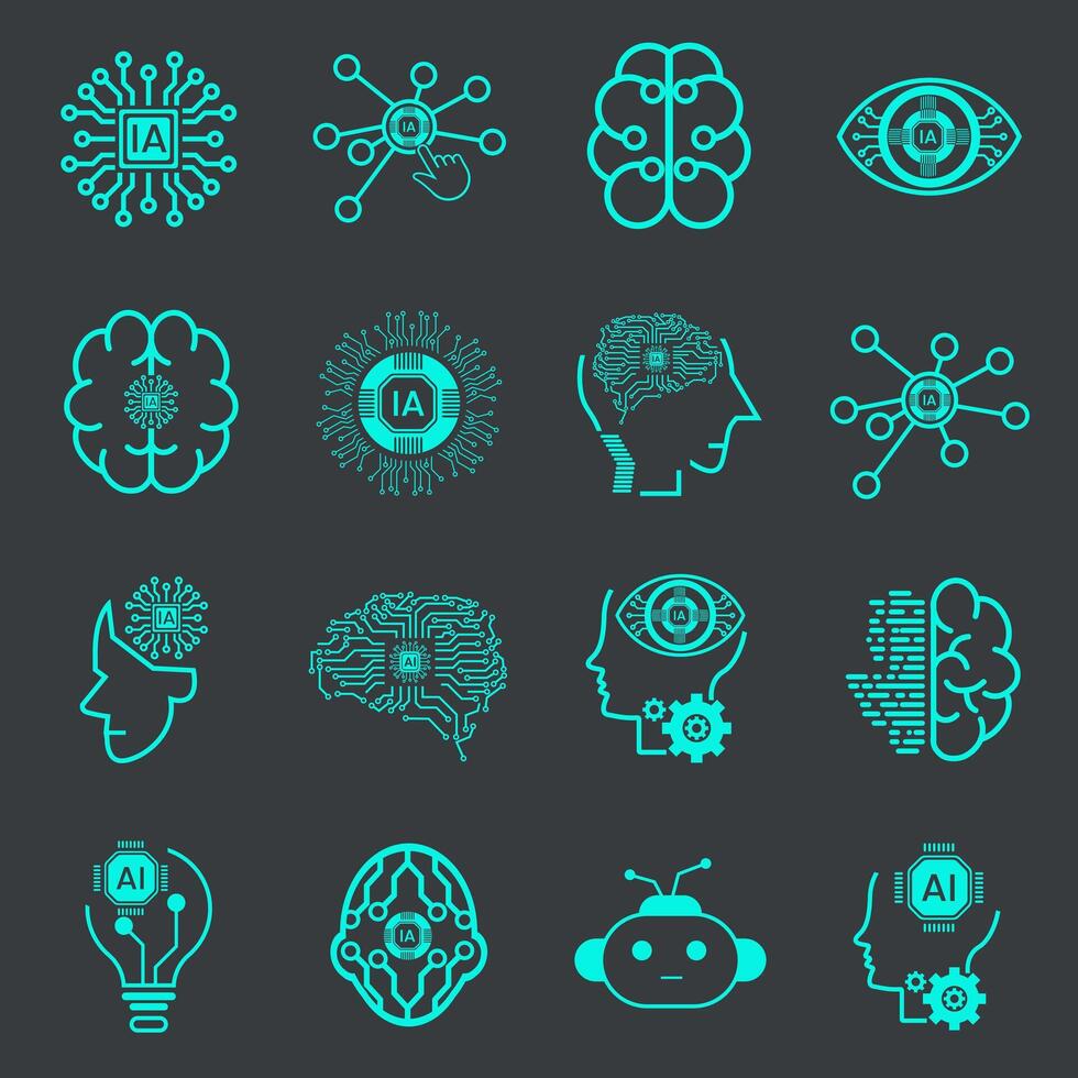 set of technology icon set, such as robot, digital, vr, ai, cyber and artificial Intelligence Vector Line Icons Set. Face Recognition, Android, Humanoid Robot, vector