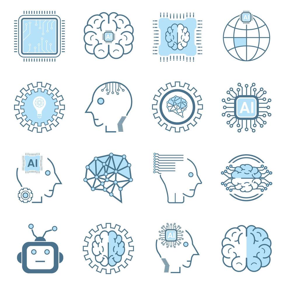 artificial intelligence icon, symbols collection, isolated lined machine AI icon, smart AI and robotic and cloud computing network digital AI technology, vector illustration