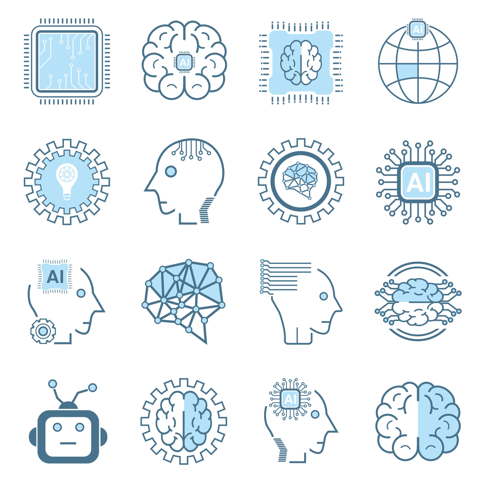 artificial intelligence icon, symbols collection, isolated lined ...