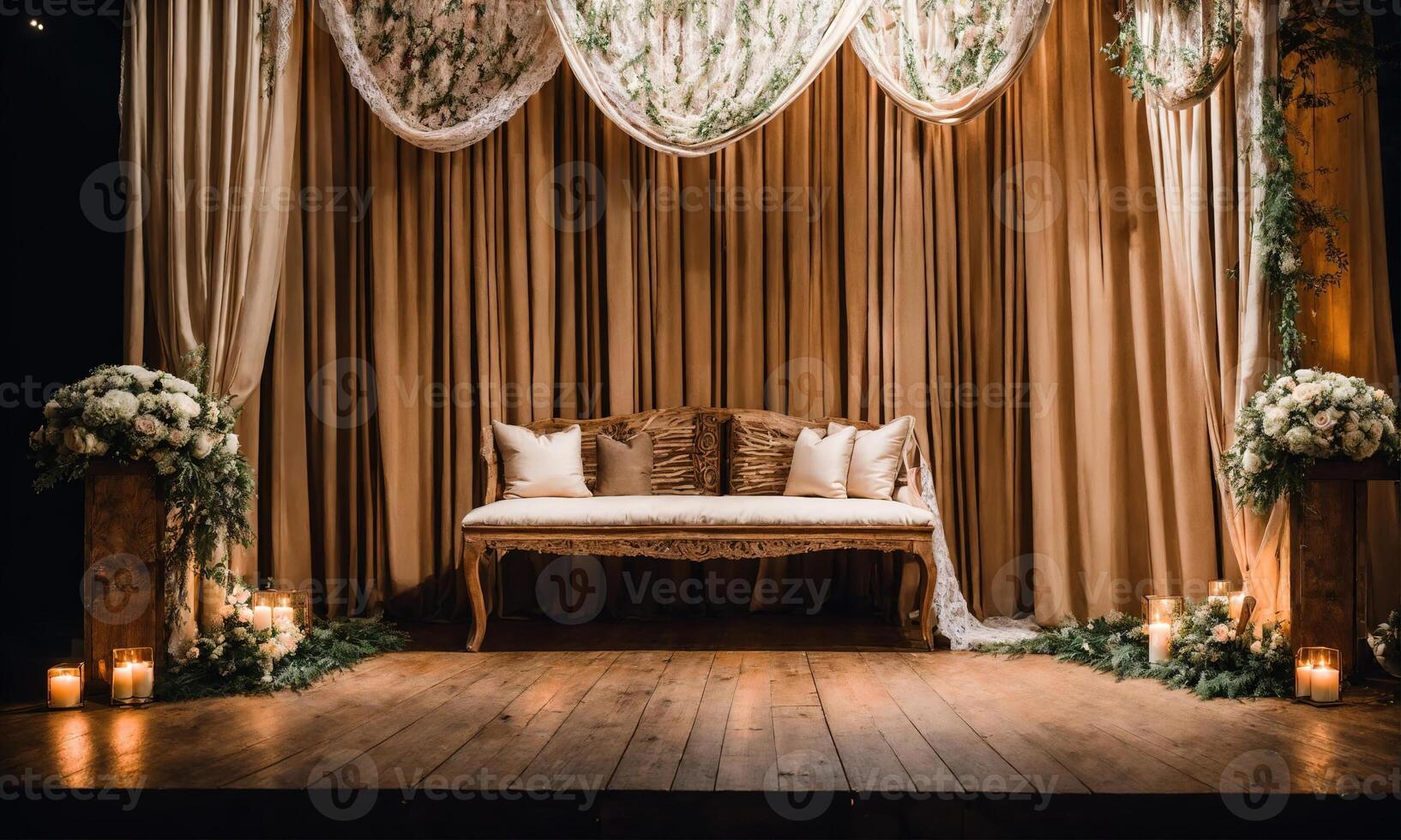 AI generated Interior of a rustic room with a beige sofa and curtains. ai generative photo