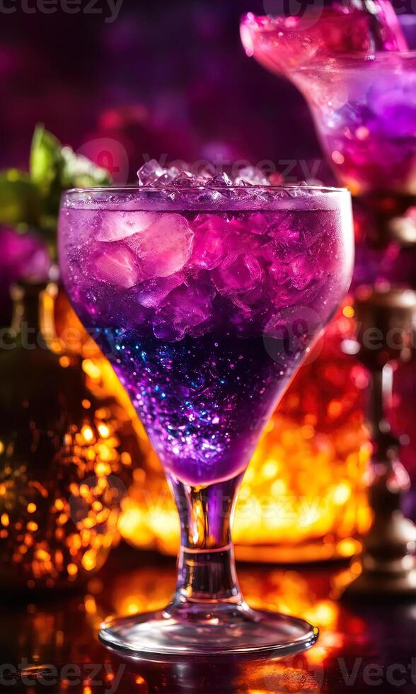 AI generated Purple cocktail with ice on a wooden table. Selective focus. ai generative photo