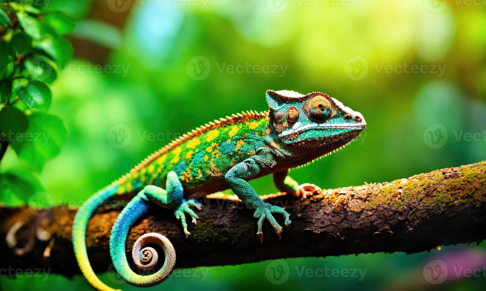 ai generado vistoso camaleón en el árbol en el bosque. cerca arriba. ai generativo foto