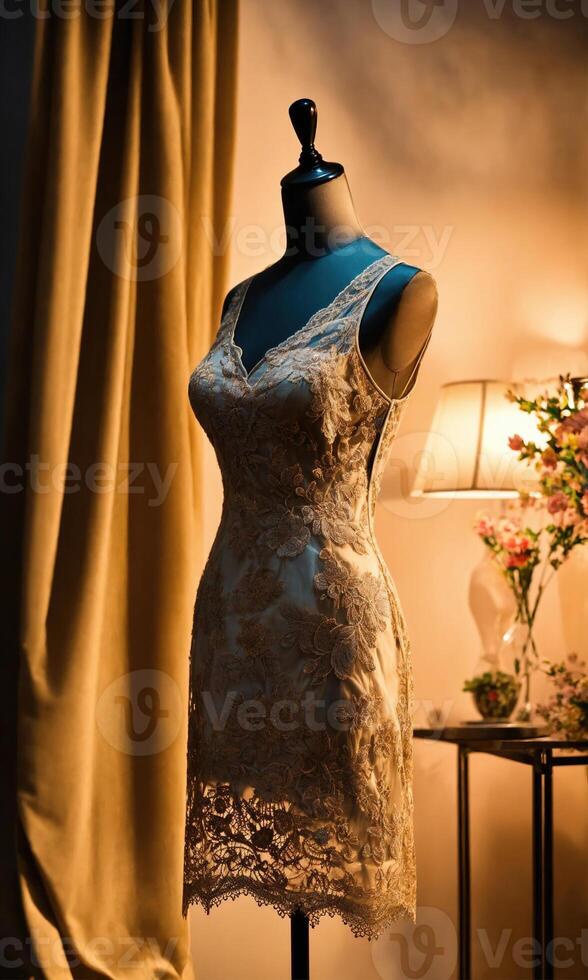 AI generated mini dress with low neckline on a mannequin. ai generative photo