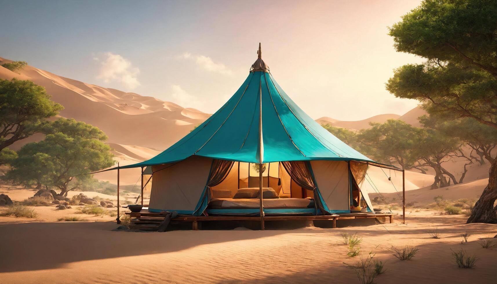 AI generated Camping tent in the desert at sunset. ai generative photo