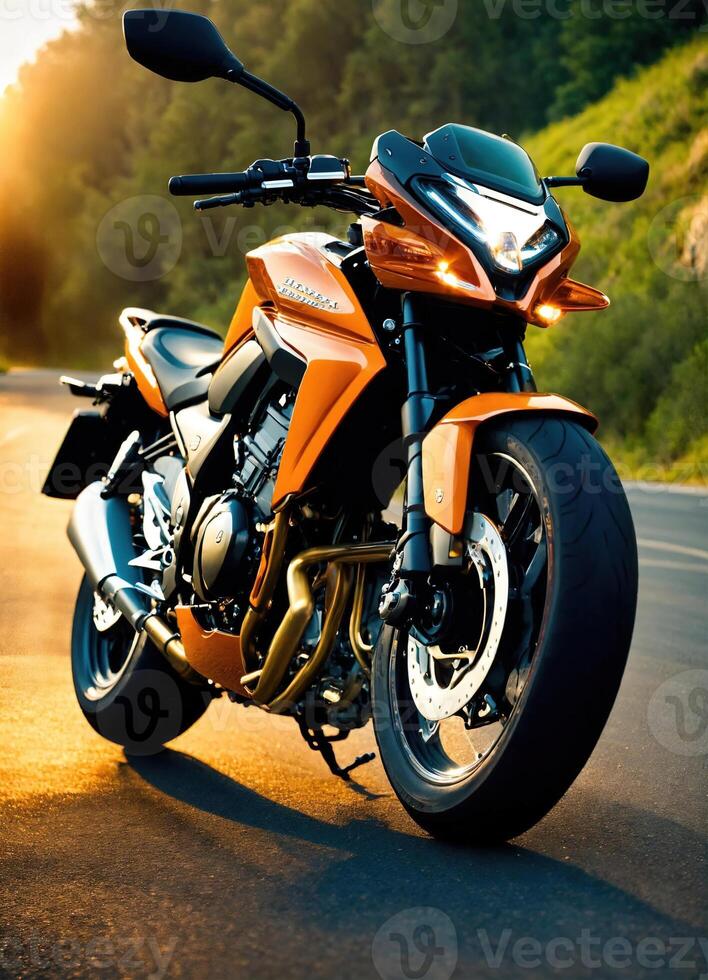 AI generated Motorcyclist riding a motorcycle on a country road at sunset. ai generative photo