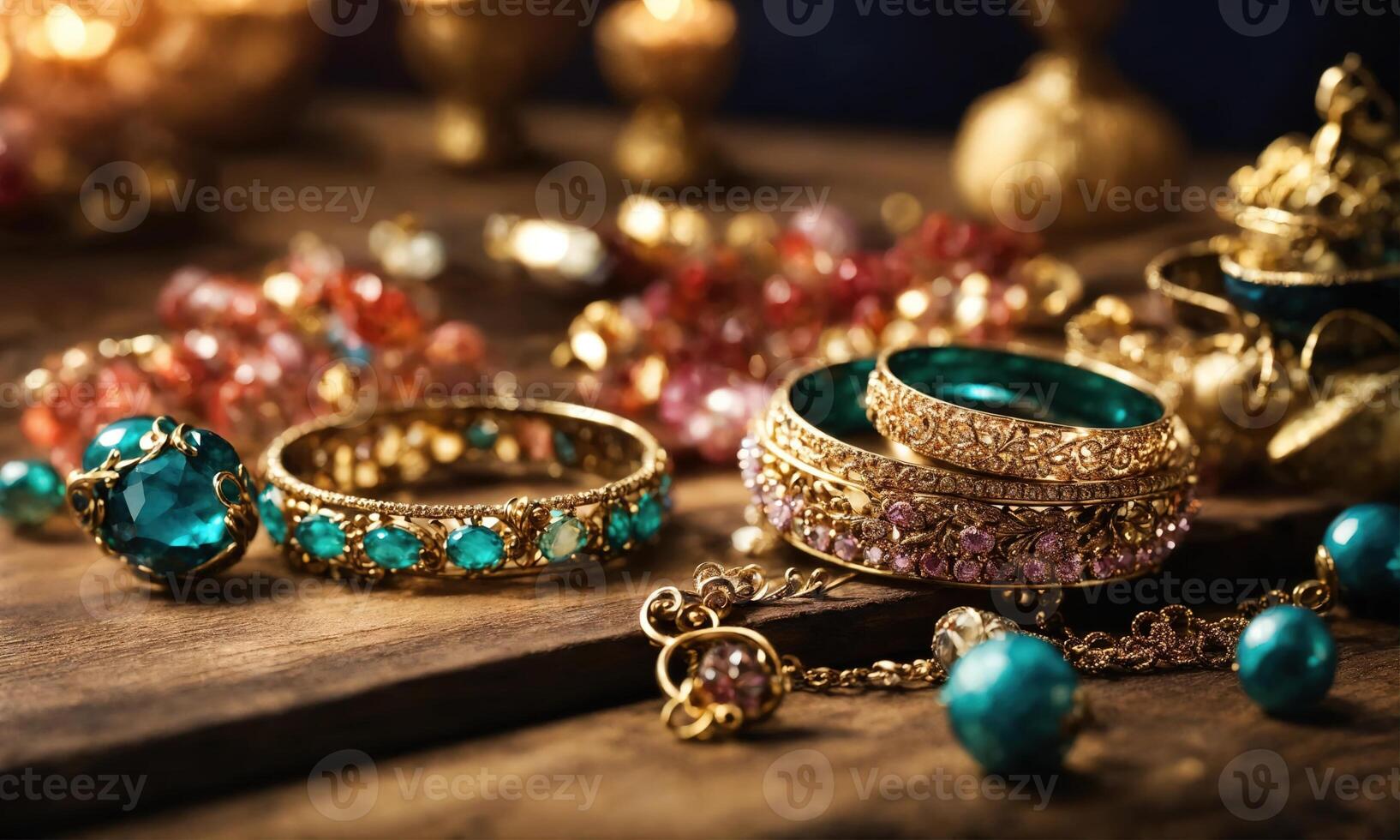 AI generated jewelry diamond ring on wooden table with bokeh background. ai generative photo