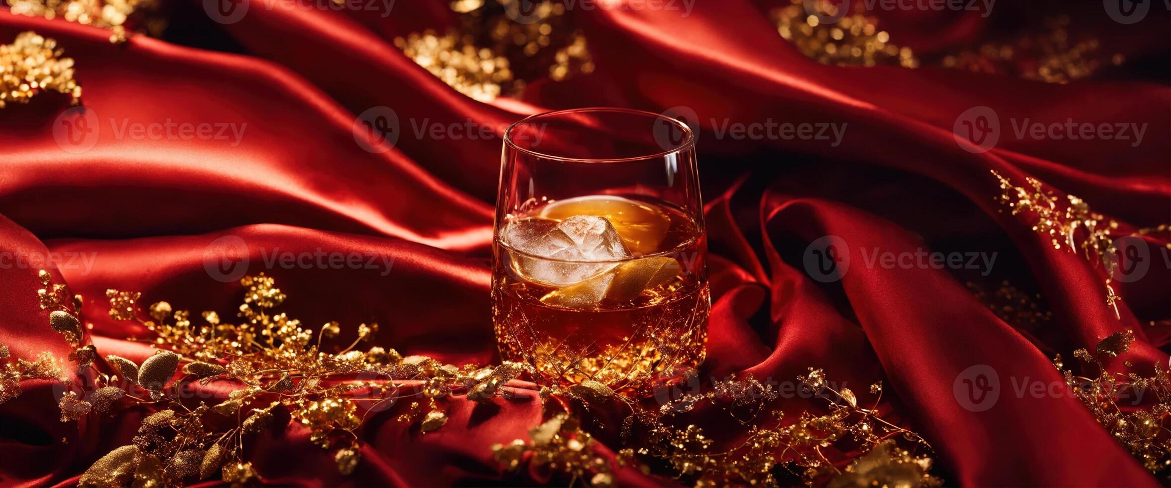 AI generated a glass of whiskey with ice and splashes. Golden sparkles background. ai generative photo