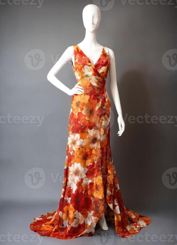 AI generated Fashionable evening orange summer dress on a mannequin. ai generative. ai generative photo