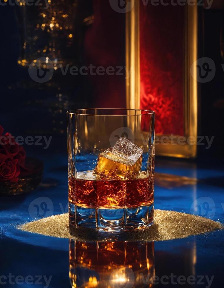 AI generated a glass of whiskey with ice and splashes. Golden sparkles background. ai generative photo