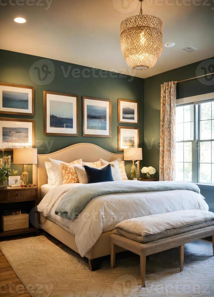 AI generated interior of classic bedroom, comfortable king size bed. ai generative photo