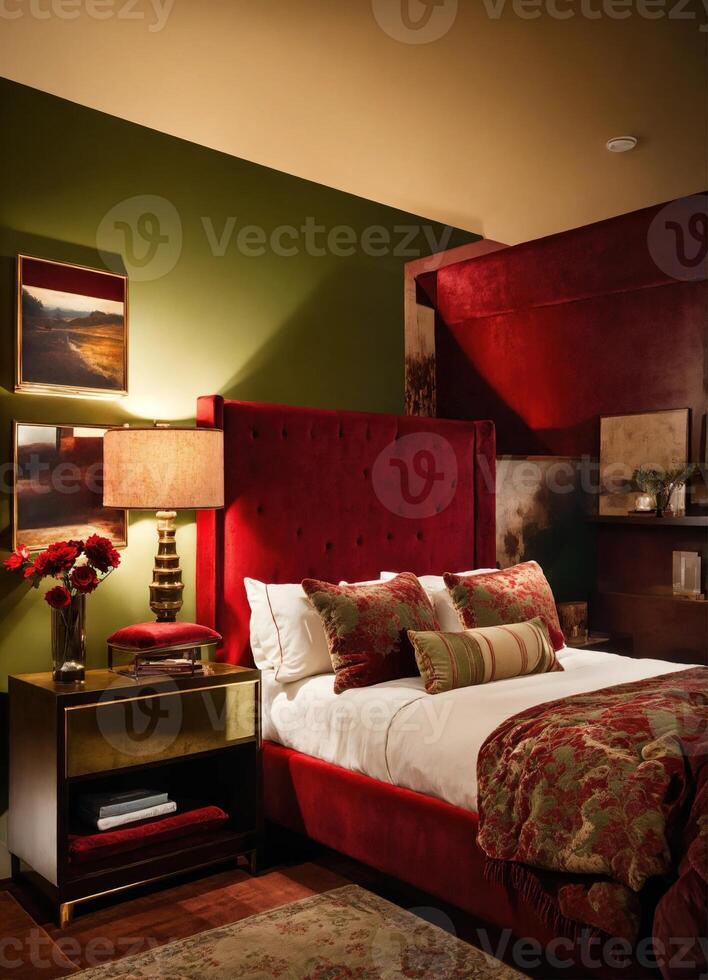 AI generated interior of classic bedroom, comfortable king size bed. ai generative photo