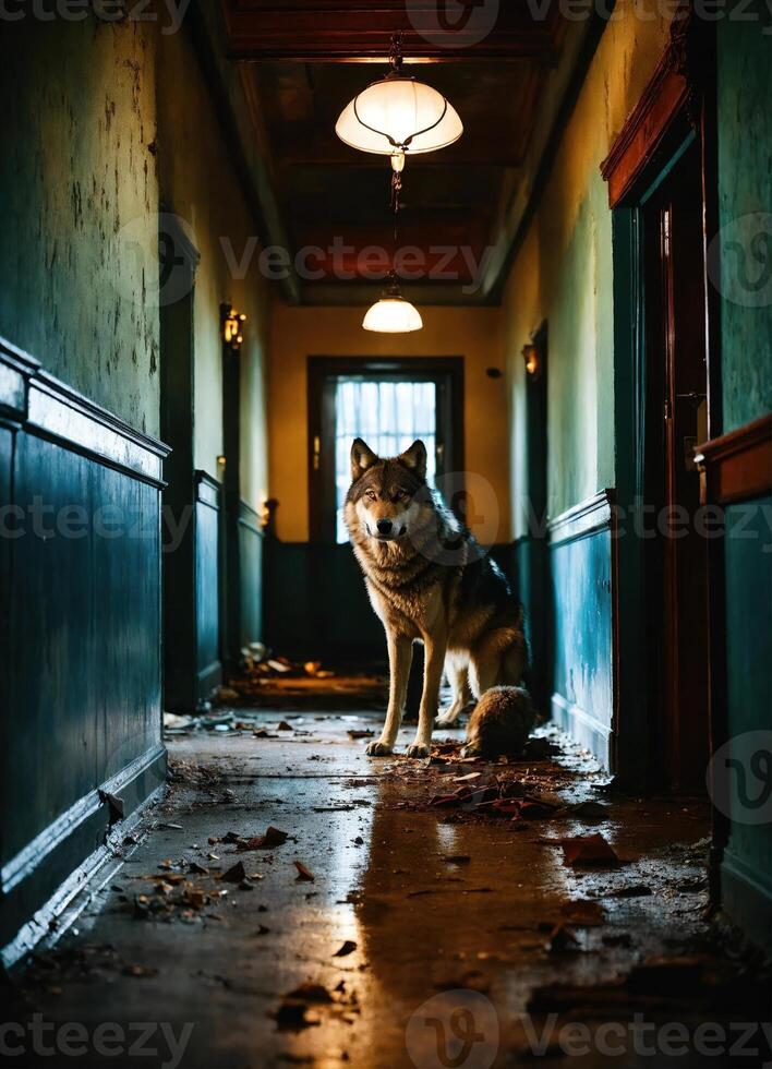 AI generated Portrait of a wolf in a dark corridor at night. ai generative photo