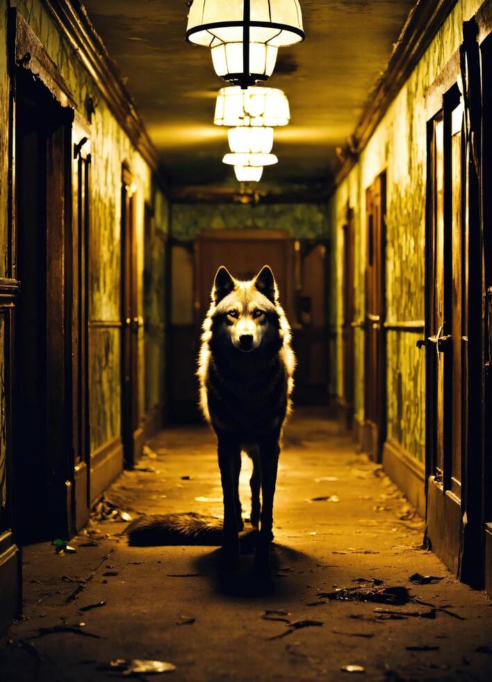 AI generated Portrait of a wolf in a dark corridor at night. ai generative photo