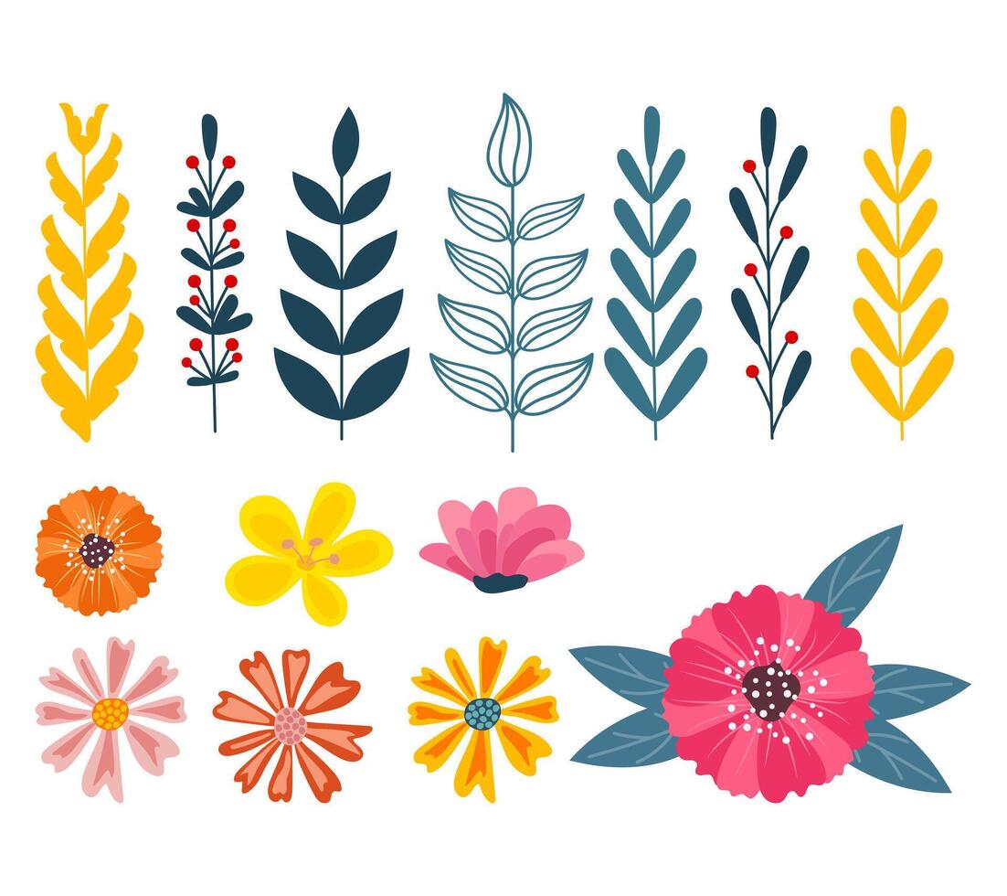 flores y hojas en plano diseño vector