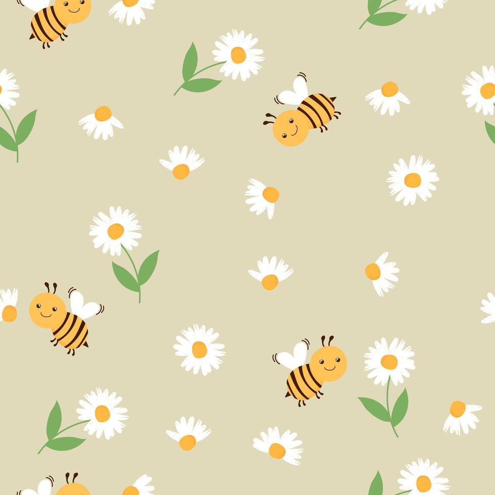 Cute hand drawn spring summer flower bees honey Bright pattern fabric cloth wallpaper wrap paper. vector