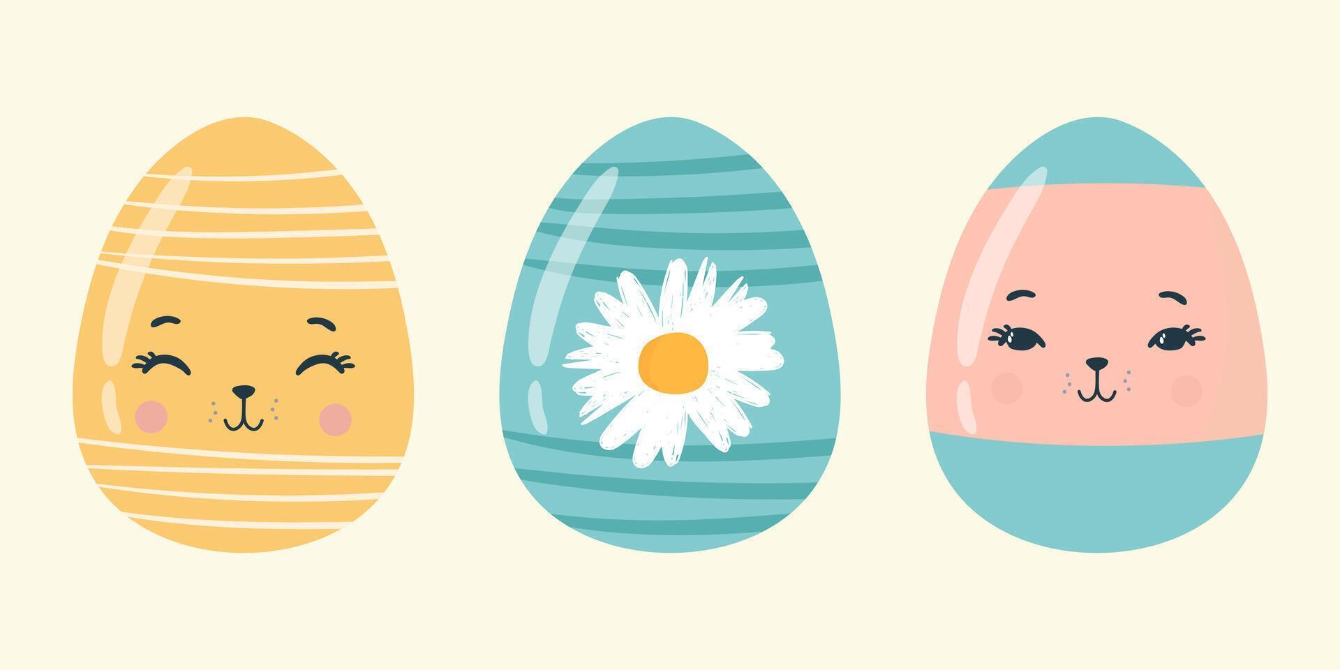 different Easter eggs with cute faces vector