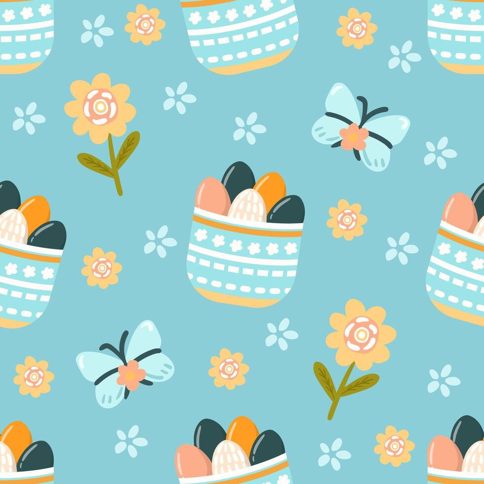 Seamless pattern easter with flowers cartoons easter basket vector