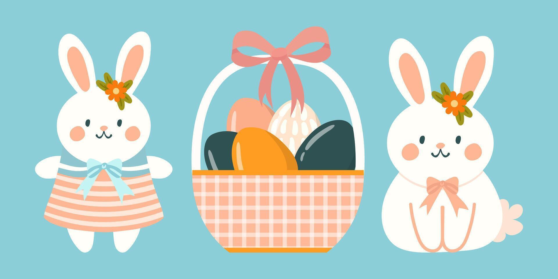 cute easter bunny with gift boxes and flowers vector