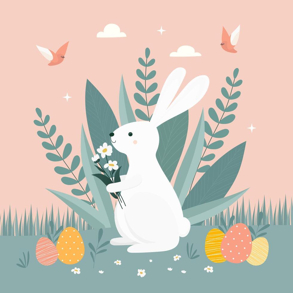 Vector Easter Bunny With Eggs, Flowers